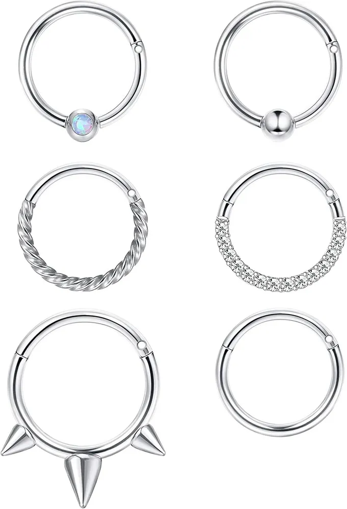 6pcs 16G Septum Ring Knorpel Hoop Ohrringe für Frauen Männer Edelstahl Nasenringe Daith Tragus Helix Ohrringe Hinge Clicker Ringe CZ Opal Piercing