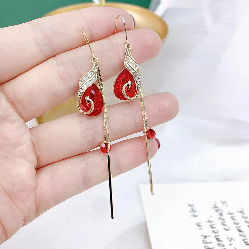 Elegante Retro Pfauen Kristall Ohrringe Tassel lange Braut Ohrringe Schmuck Geschenk