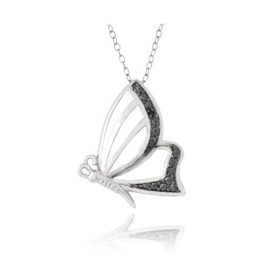 Sterling Silber Schwarz Diamant Akzent Schmetterling Halskette