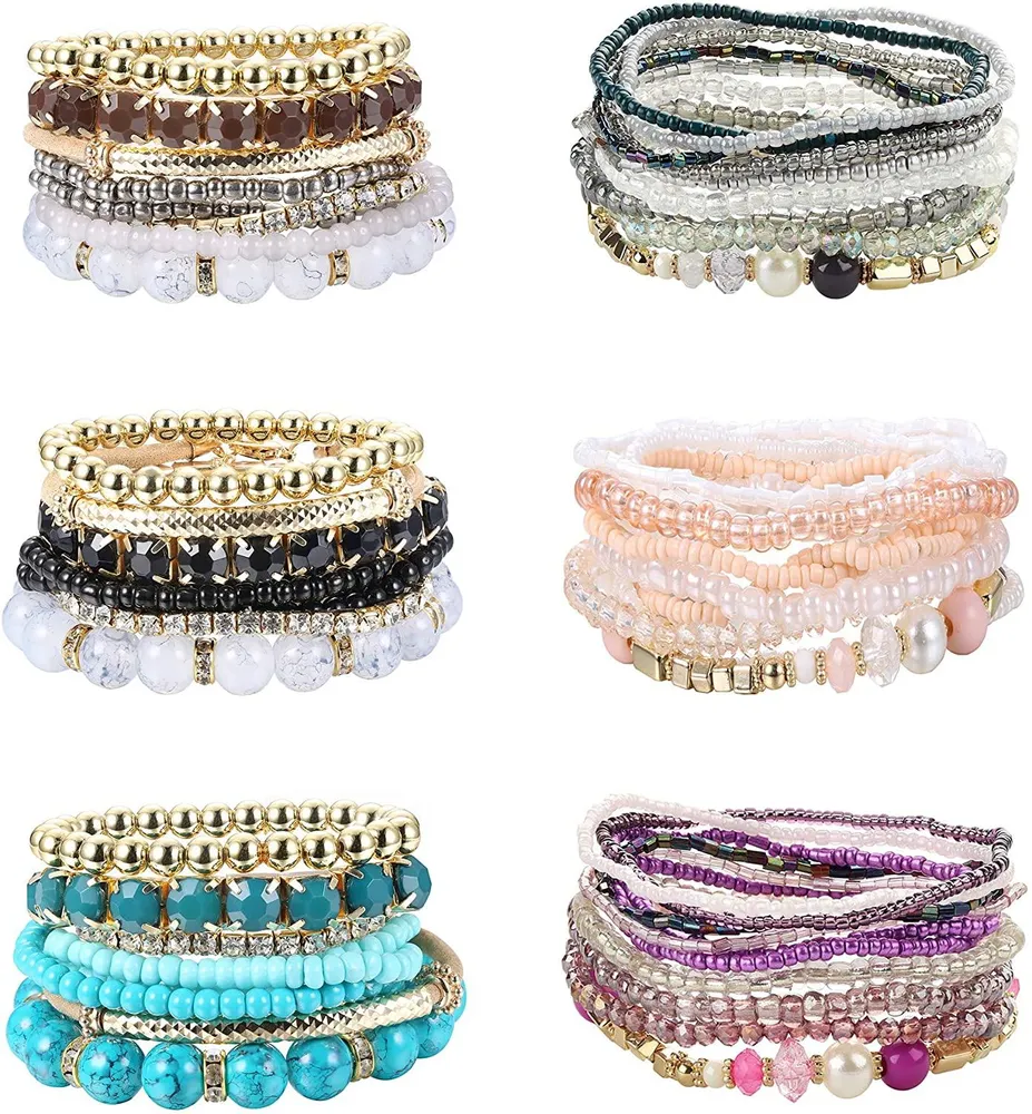 6 Set Bohemian Stackable Bead Armbänder für Frauen Farbenfrohe Armbänder Multilayer Stretch Stackable Armbänder