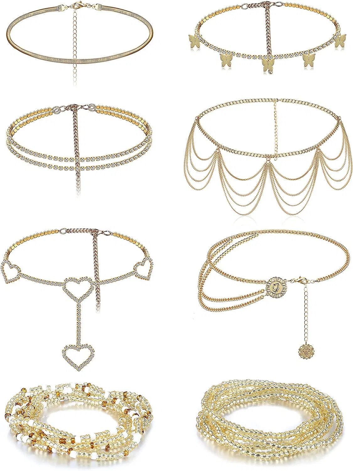 8pcs Bauchkette für Frauen verstellbarer Boho Multilayer Waist Chain Tassel Schmetterling Herz Anhänger Rhinestone Bauchketten Taille Perlen Sommer Strand Bikini Taille Körperschmuck