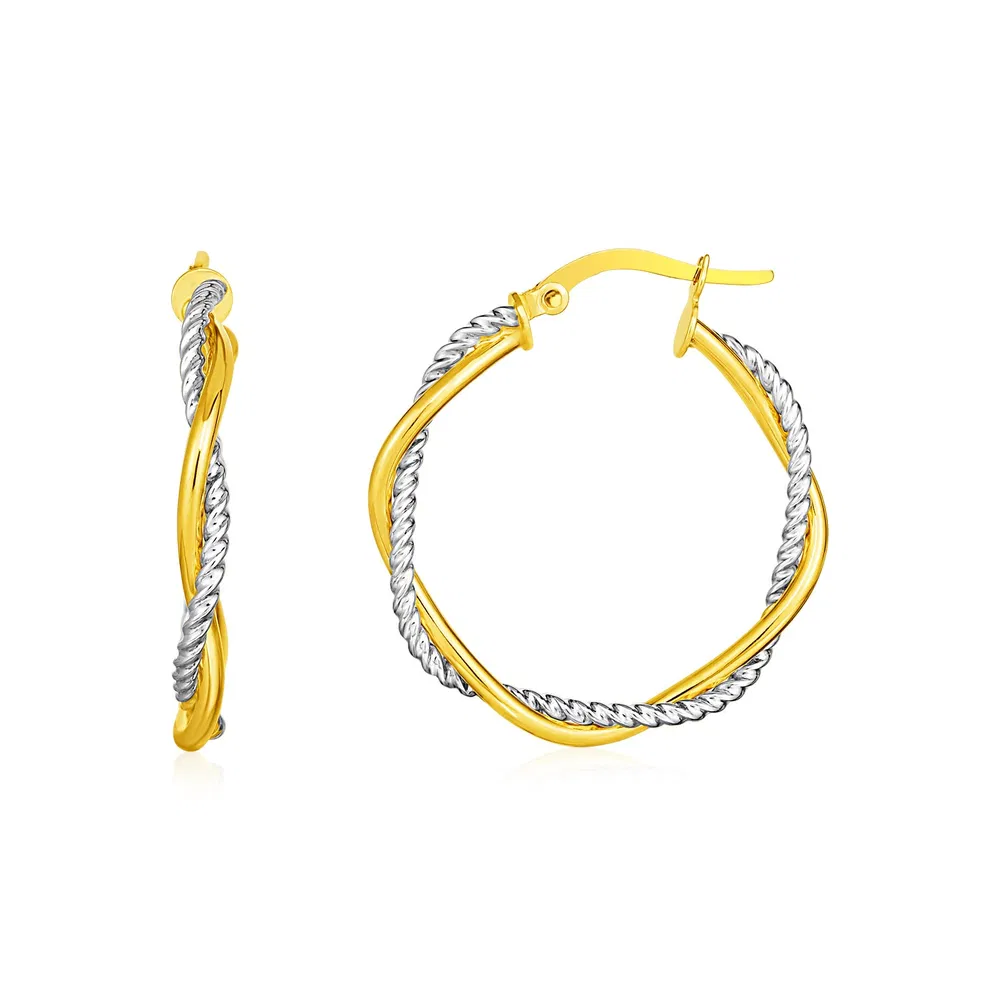 14 Karat Gelb und Weißgold Zwei Teile Textured Twisted Round Hoop Ohrringe (3x23mm)