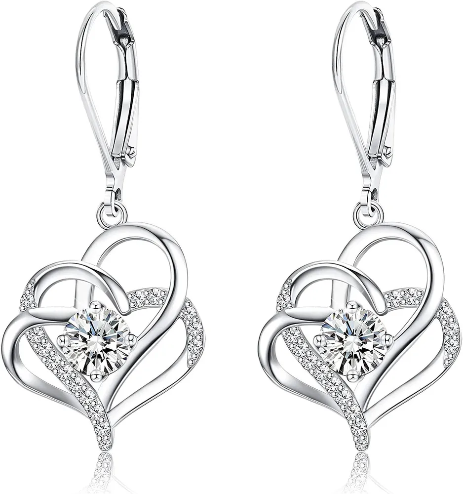 925 Sterling Heart Dangle Ohrringe für Frauen 18K Gold Plated Sparkling Cubic Zirkonia Forever Love Double Heart Leverback Ohrringe
