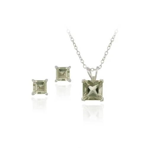 Sterling Silver 2,75ct TGW Grüner Amethyst Quadrat Solitaire Anhänger & Stud Ohrringe Set, 18