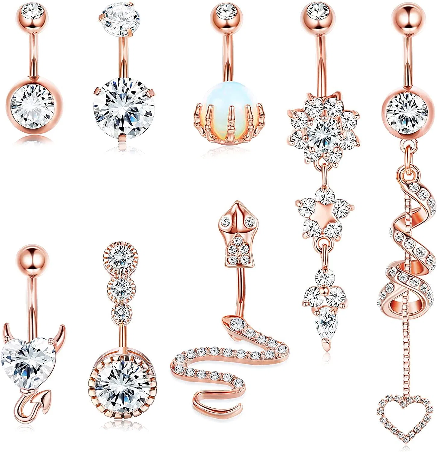 8pcs 14G Bauchknopf Ringe Dangle für Frauen Edelstahl Schlange Schädel Hand mit Opal Clear CZ Nabel Ringe Körper Piercing Schmuck