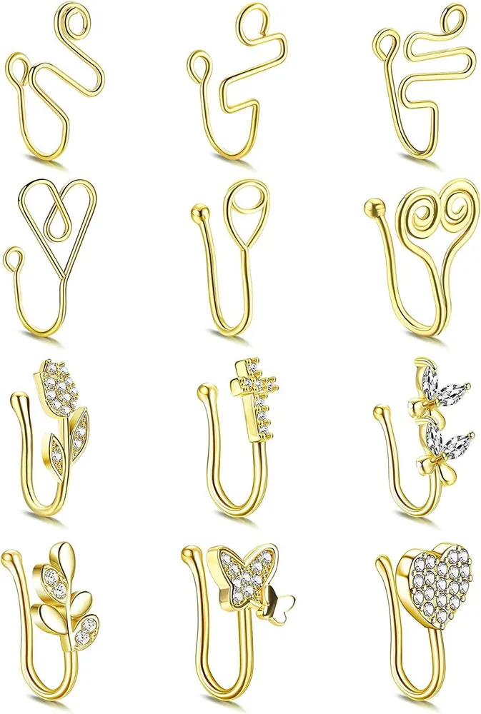 12 Stück Afrikanische Nasen Manschette Falsche Nasenring für Frauen 14k Gold Plated Clip auf Nasen Ringe Schmetterlings Blatt Faux Nasen Ringe Hoop Piercing Schmuck