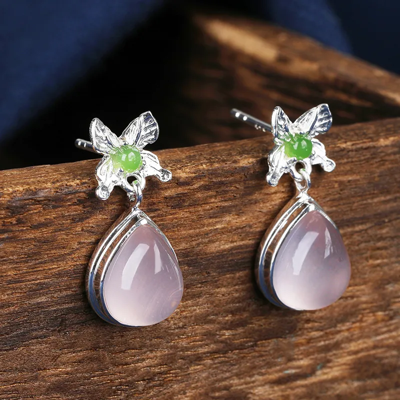 S925 Silber Ohrringe Hochwertige rosa Kristall Chinesischer Stil Schmetterlings eingeladen Jasper Ohr Schmuck verblasst nicht