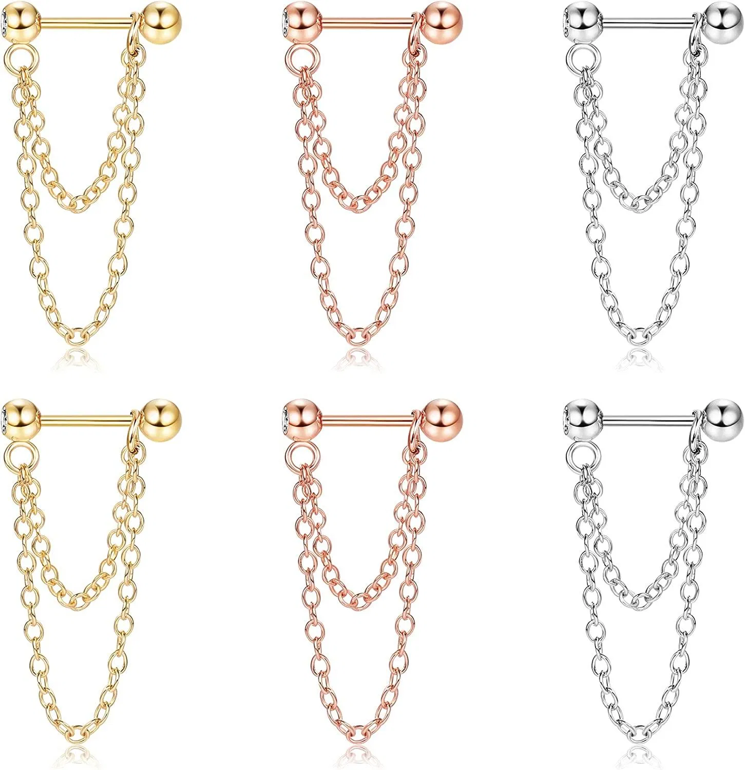 3Paare Edelstahl Muschel Doppelketten Ohrringe; minimalistische Dangle Muschel Ohrringe; Manschetten Ohrringe; Helix Knorpel Tragus Barbell mit Kette