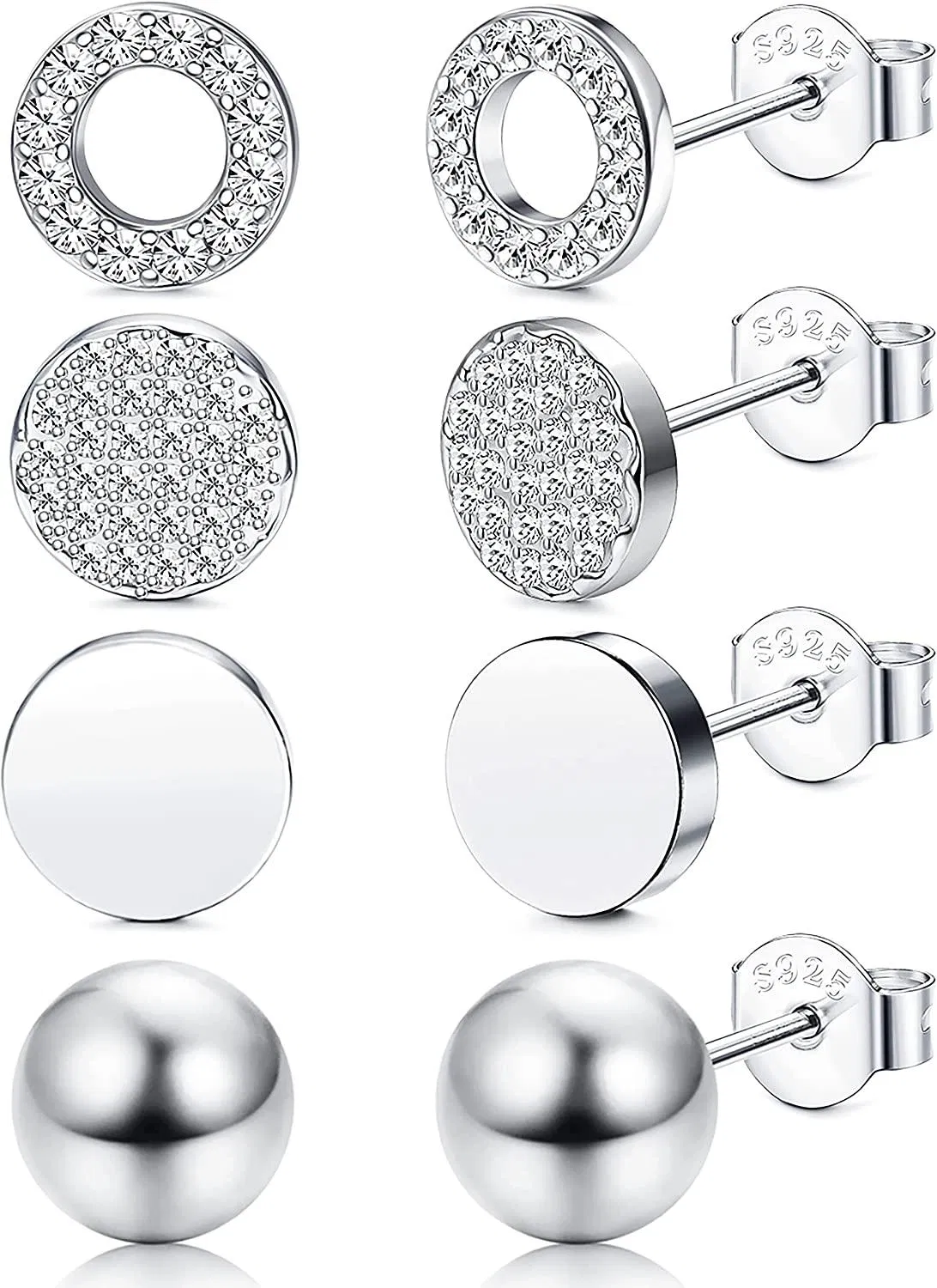 4 Paare 925 Sterling Silber Round Stud Ohrringe Set für Frauen Mädchen Silber Ball CZ Stud Ohrringe Kubik Zirkonia 8MM Ohr-Stapel hypoallergen Ohrringe Geschenk für Sie
