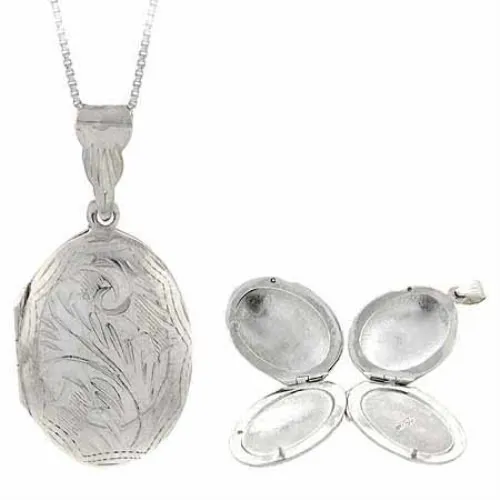 Sterling Silver Etched Flower Oval 4 - Way Locket Anhänger