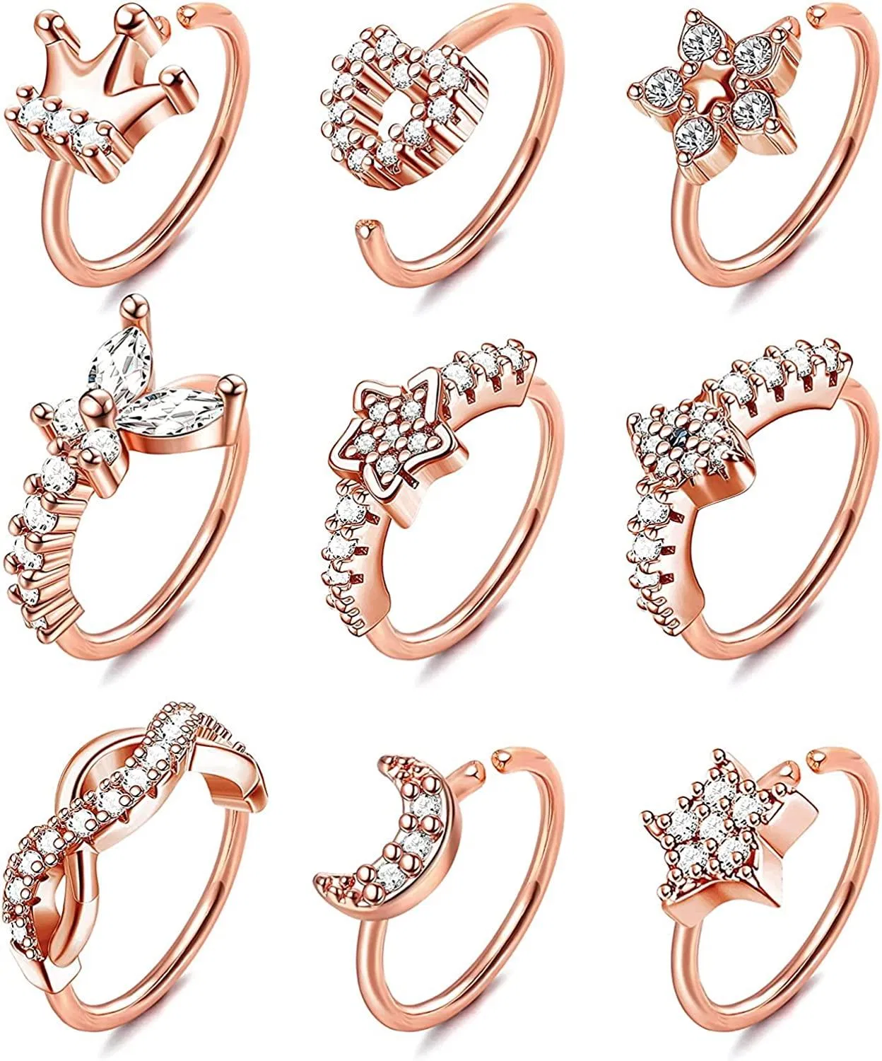 9pcs 20G Nasenringe Schleife für Frauen Männer gepflastert CZ Schmetterling Stern Mond Nasenring Knorpel Helix Ohrringe Schleife Nasen Piercing Gold Silber Plated