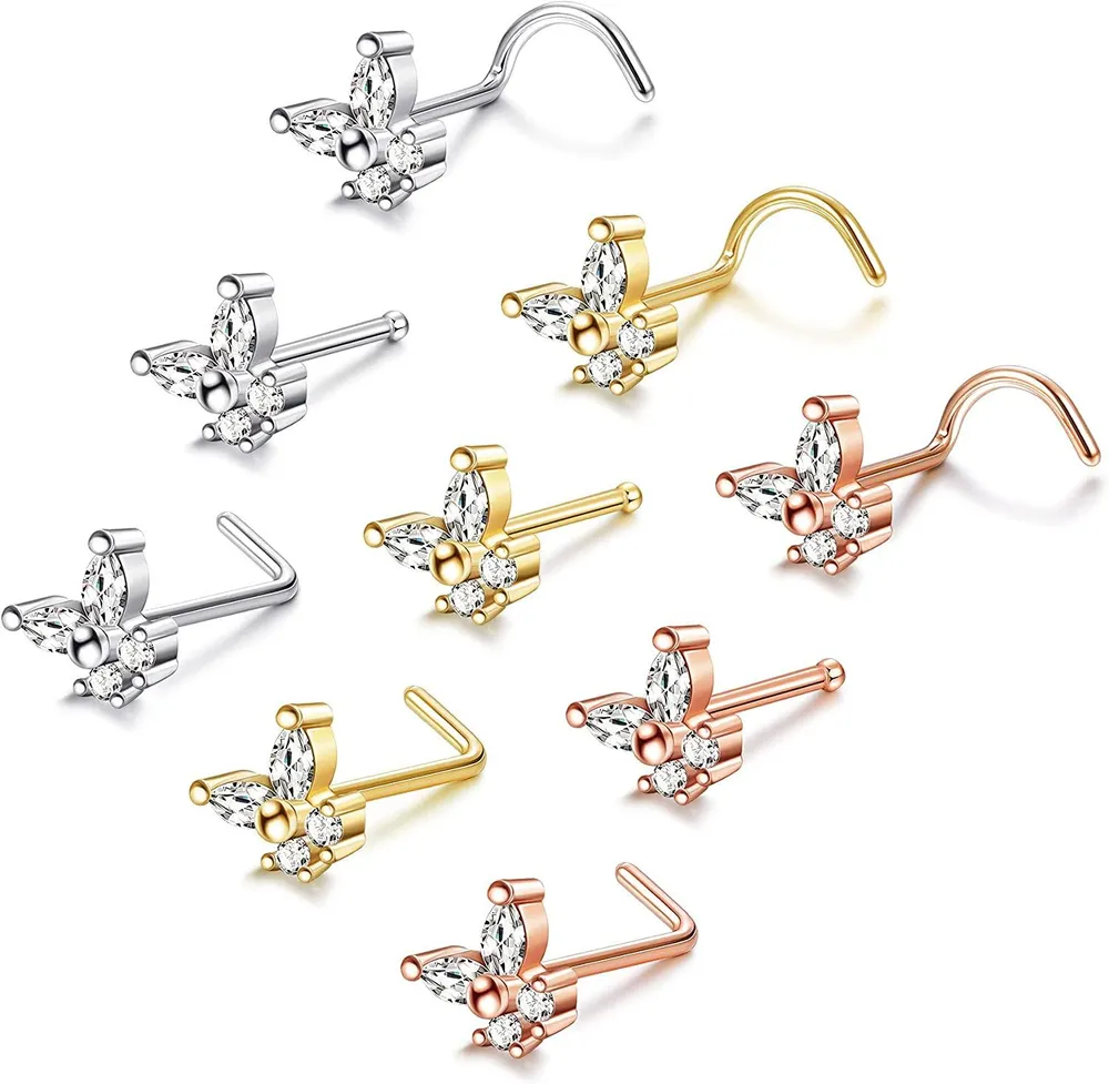 Nasenringe für Frauen 316L Chirurgische Edelstahl 20G Nasenstafel Big Bling CZ Schmetterling Schneeflocken Blume L-geformte Schraube Knochen Nasen Piercings Schmuck