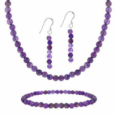 Sterling Silber 4mm Echt Amethyst Stein Perlen Beaded Dangle Hook Ohrringe Stretch Armband Halskette 15 - 19