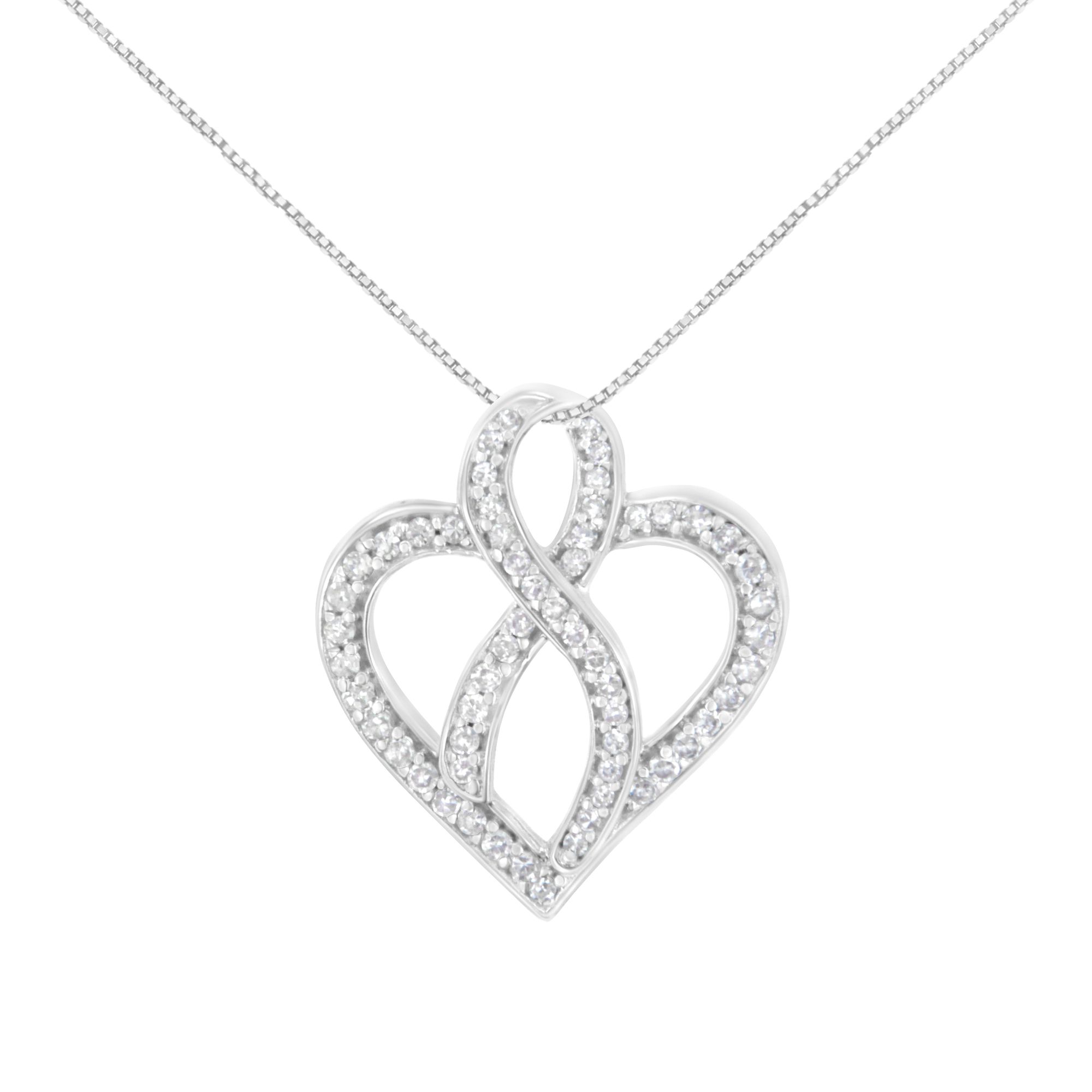 14K Weißgold 1 / 4 cttw Round Cut Diamond Heart and Ribbon Center Pendant Kette (H-I, I1 - I2)