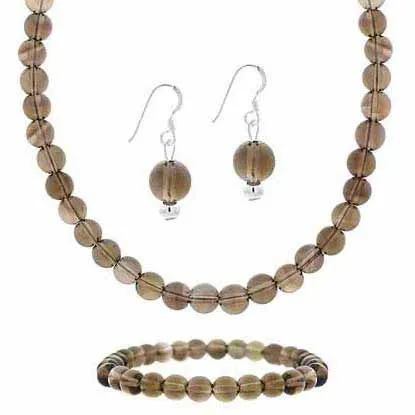 Sterling Silver Smokey Quarz Perlen Dangle Ohrringe, Stretch Armband & Halskette Schmuckset