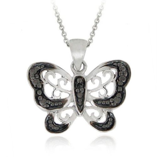 Sterling Silber schwarz Diamant Akzent Schmetterling Anhänger