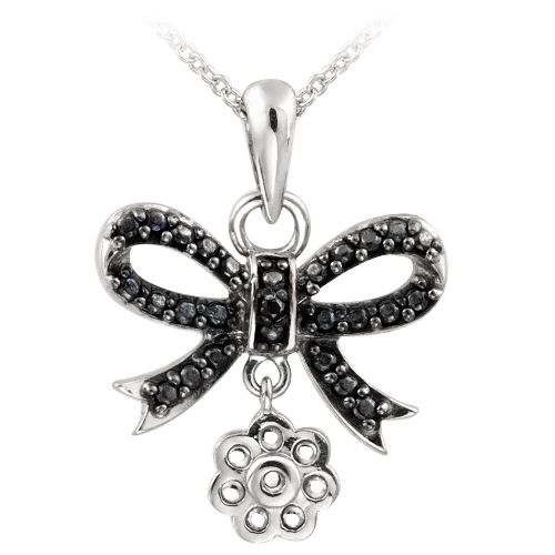 Sterling Silber schwarzer Diamant Akzent hängende Blumenbogen Halskette