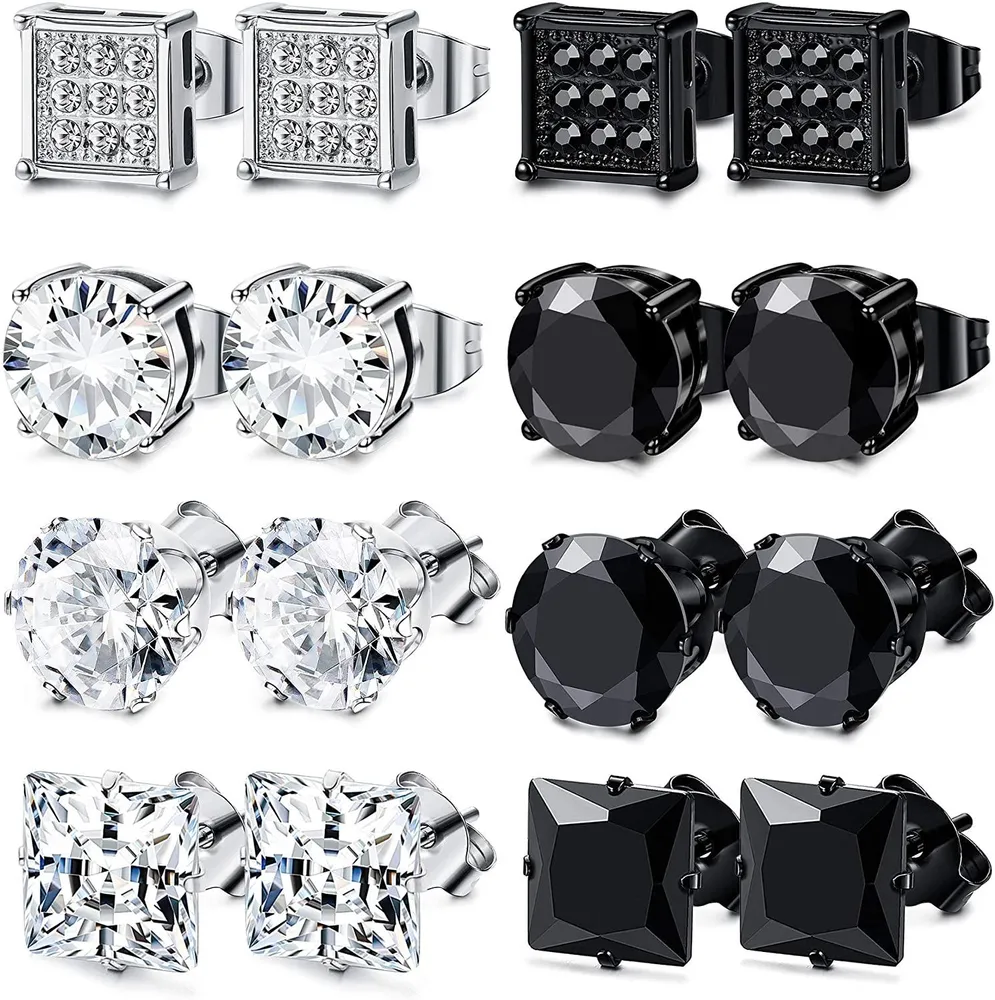 8 Paare Edelstahl Stud Ohrringe für Männer Frauen Quadrat CZ Ohrringe; 6MM