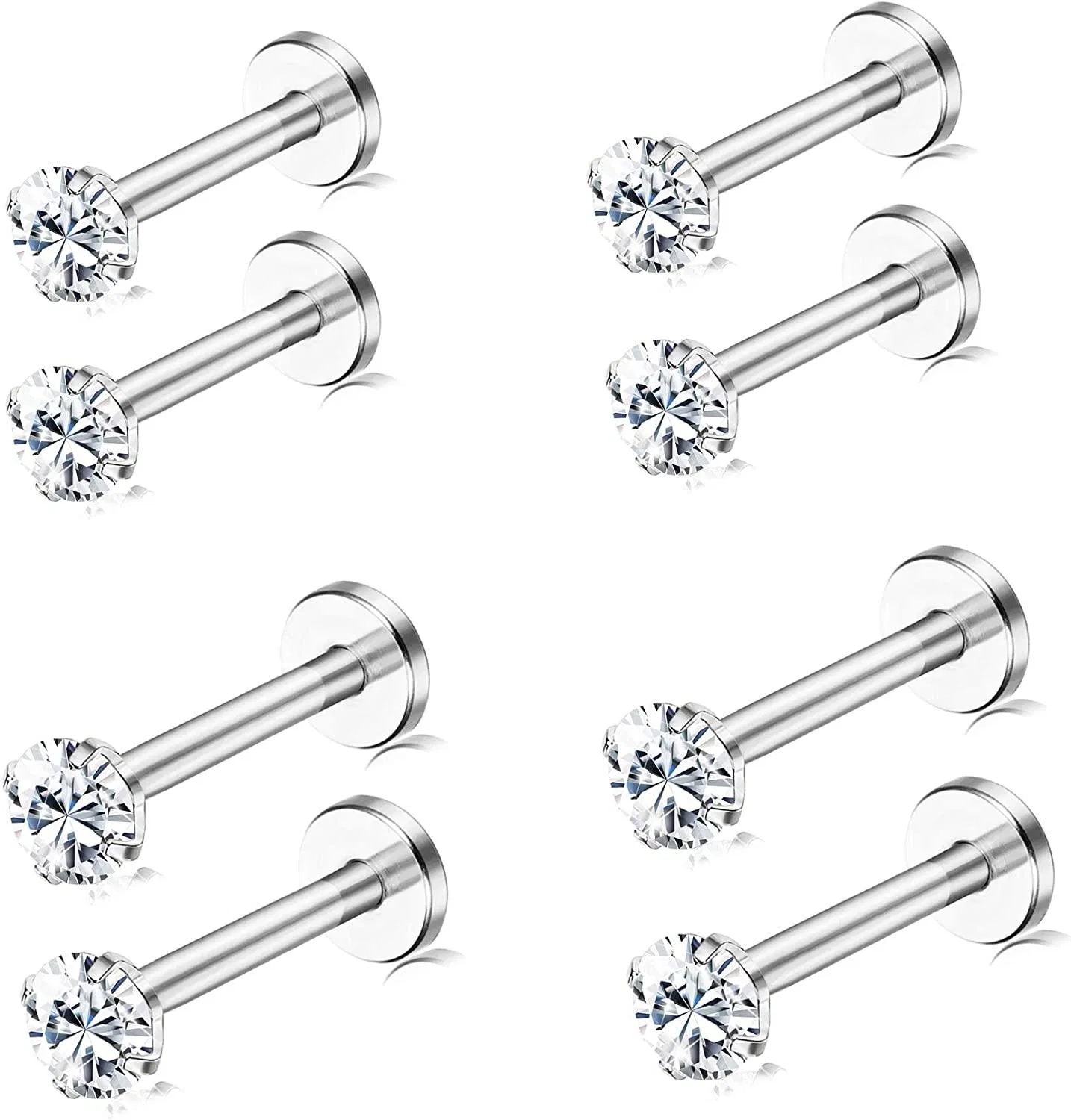 4paare Labret Monroe Lippenringe 3mm Runde Kristalle von Swarovski Hypoallergen 316L Edelstahl-Lippen - Stud Muscheln Knorpel Helix Tragus Ohr Piercings Set 6mm & 8mm Bar