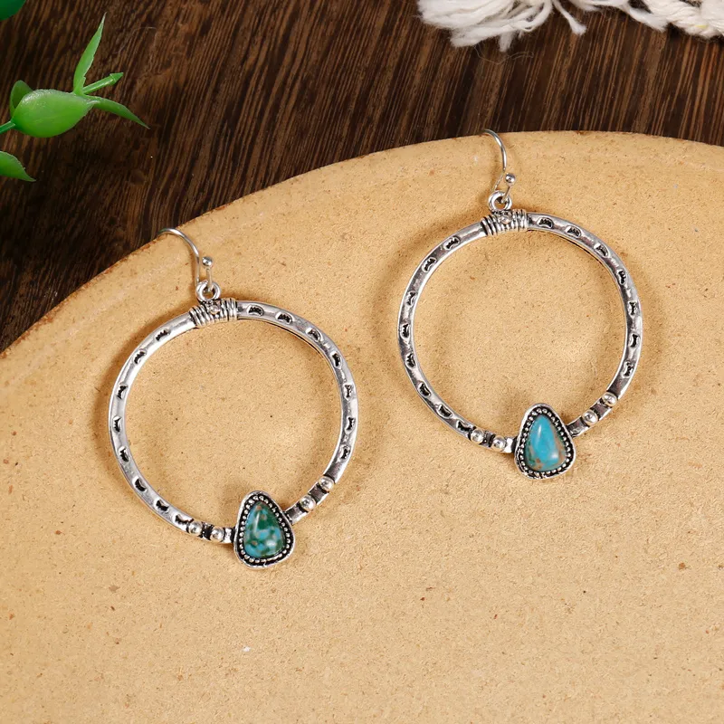 Bohemian Hollow Big Circle Drop Ohrringe Vintage Blue Stone Frauen übertriebenen Ohrschmuck