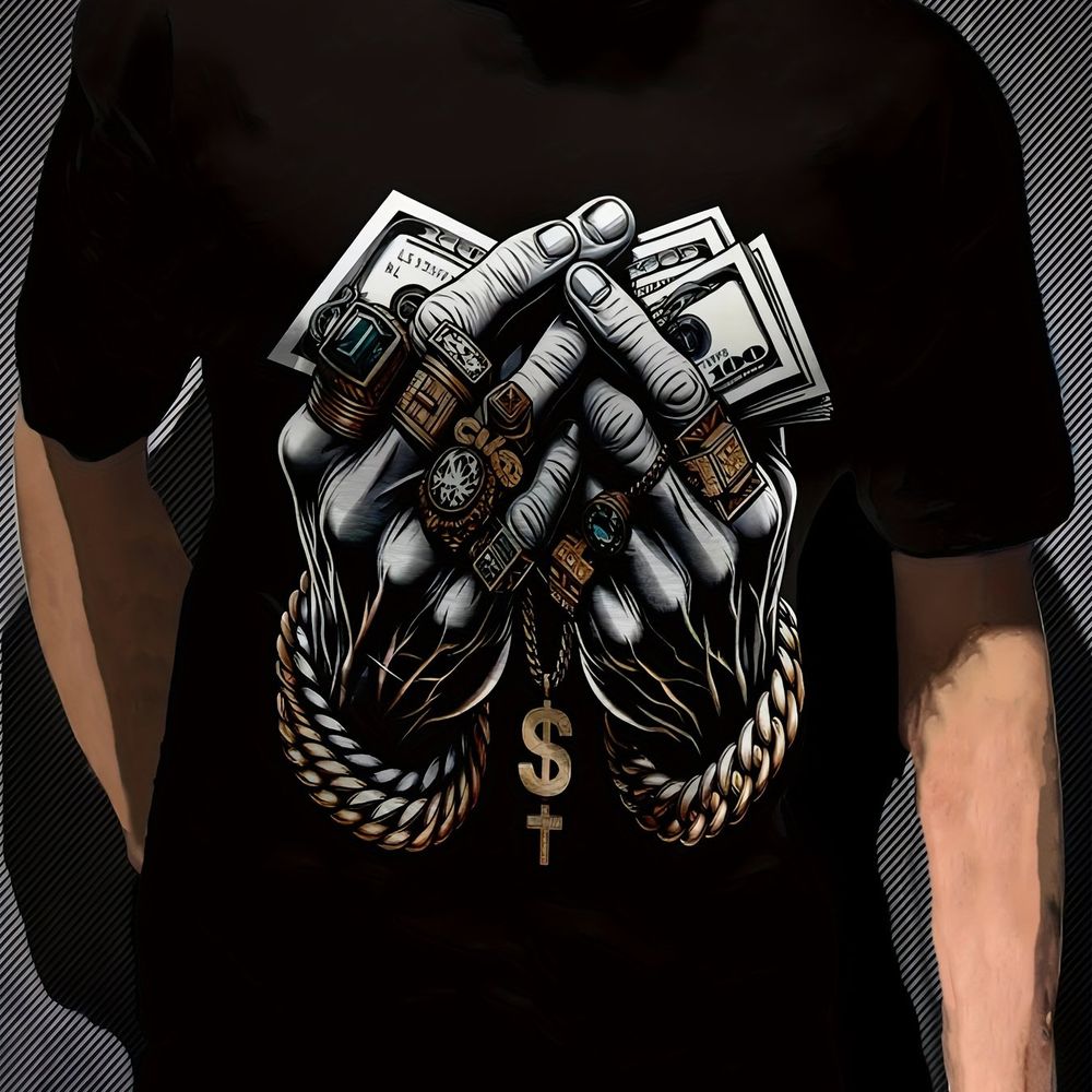 Männer Polyester 3D Digital gedruckt T-Shirt mit USD und Ring Muster, runden Hals, leicht elastisch, Casual gestricktes Gewebe-T - Shirt