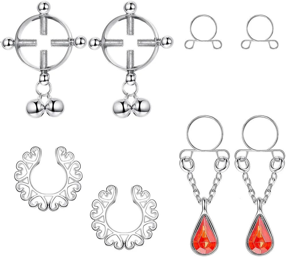 4Pairs Edelstahl Falsche Nipple Ringe für Frauen Non-Piercing Dangle Nipplerings Faux Body Piercing Schmuck