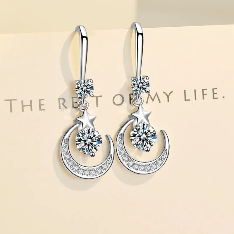 Weibliche Mode Star Moon Ohrringe 925 Sterling Silber Weiß Saphir Pink Blau Weiß Künstliche Dangle Ohrringe