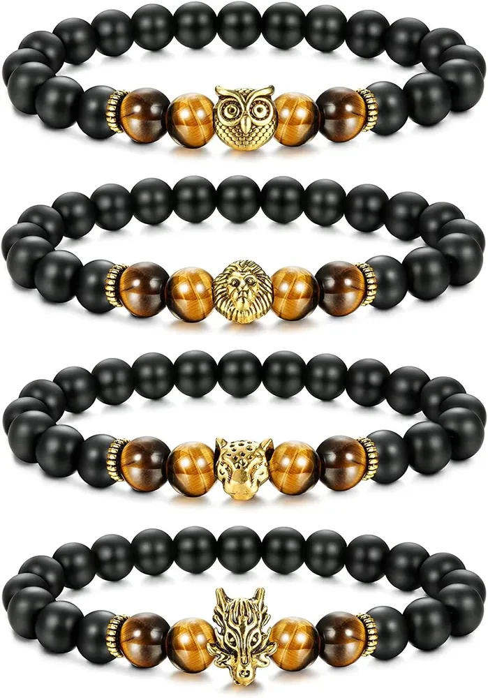 4PCS Perlenarmband für Männer Frauen Schwarz Matte Onyx Tiger Eye Crown King Panther Charm Elastisch Lava Rock Vulkanstein Perlen Set Verstellbar