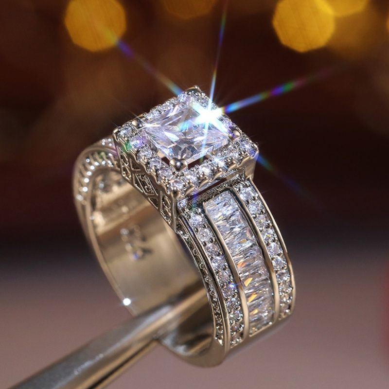 Glänzender Halo-Ring eingelegt Quadrat geschnitten glänzender Zirkon Elegant Hochzeit Verlobung Ring für Frauen & Mädchen Valentinstag Schmuck