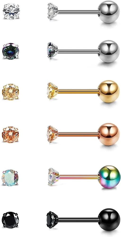 6Paare 20G Edelstahl Cubic Zirkonia Tragus Stud Ohrringe für Frauen Männer 4Prong CZ Flat Back Screw Back Ohrringe für Frauen Mädchen Helix Knorpel Ohr Piercing Schmuck