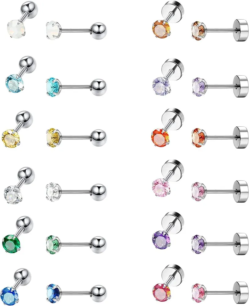 Edelstahl CZ Tiny Stud Ohrringe für Frauen Egirls 18G 2MM Corloful Cubic Zirkonia Knorpel Helix Piercing Ohrring Studs Screwback Flatback Ohrringe Set