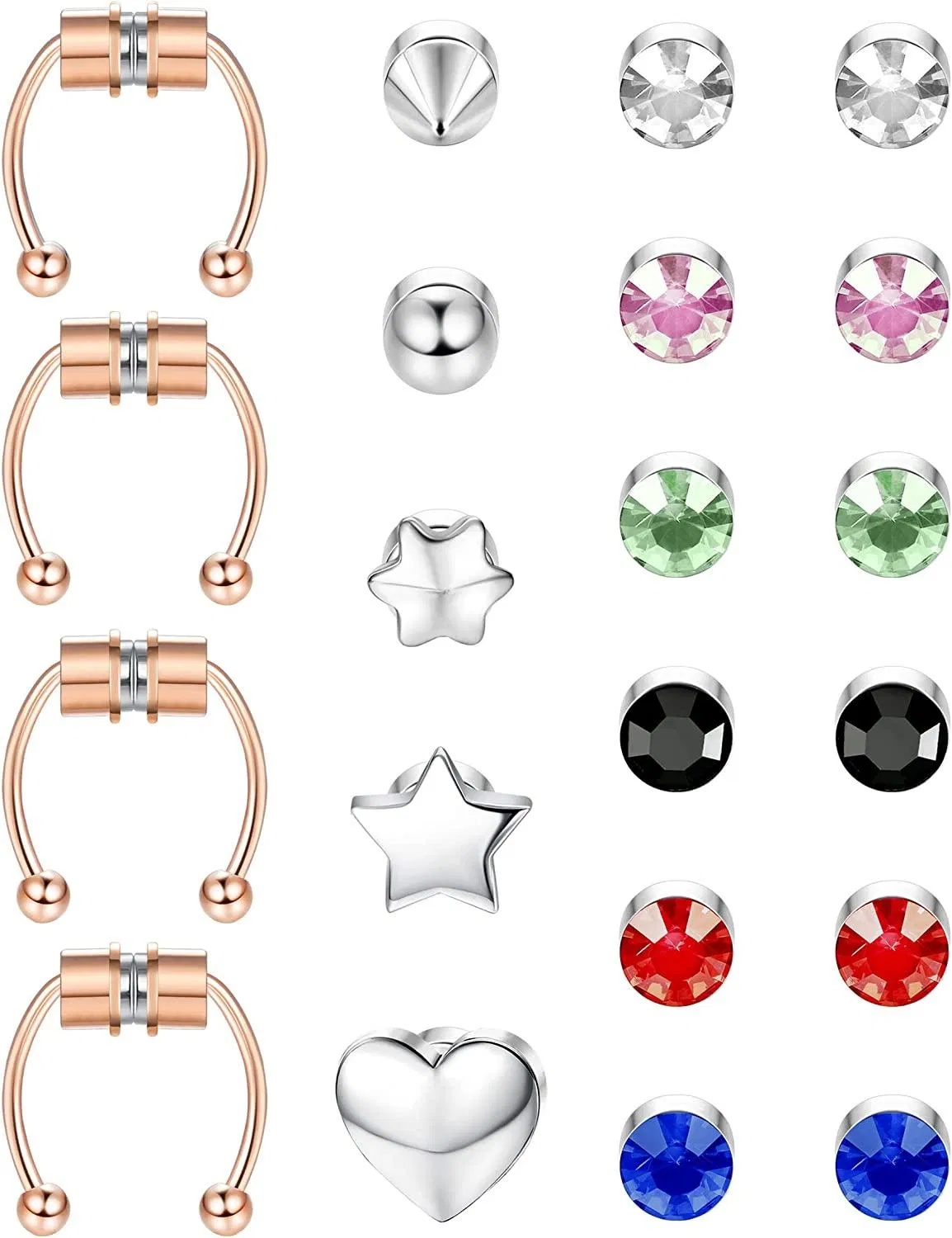 21Pcs Magnetic Septum Nose Ring Horseshoe Fake Nose Ring Hoop Edelstahl Non-Piercing Clip auf CZ Ohrringe Magnetische Stud Ohrringe für Frauen Männer