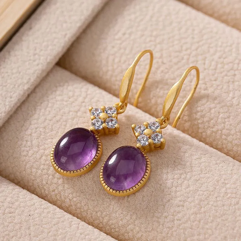 Sterling Silber Gold natürliche Amethyst Damen Ohrringe