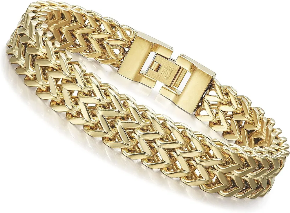 Edelstahl 12MM Zwei-Strand Franco Chain Armband für Männer Punk Biker Armband; 8,0 - 9,1 Zoll
