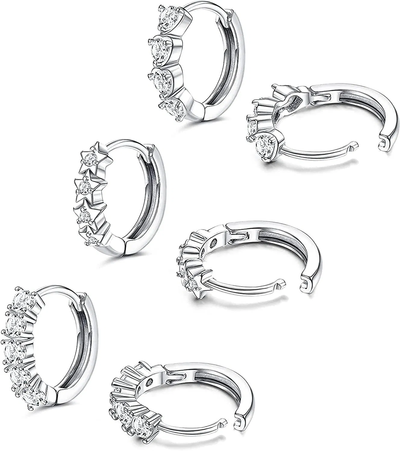 3Paars Cubic Zirkonia Knorpel-Schleife - Ohrringe für Frauen Mädchen winzig süßes rundes Star-Herz CZ Huggie-Schleife - Ohrringe hypoallergene Scharnier-Manschette - Ohrringe Piercing-Schmuck (8mm / 10mm / 12mm)