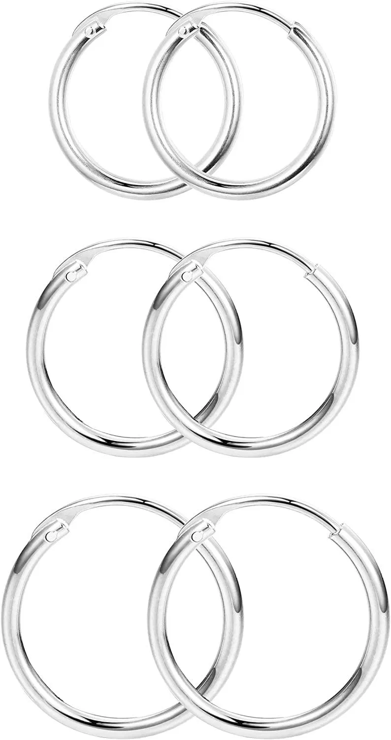 3 Paare 925 Sterling Poliert Endless Cartilage Hoop Ohrringe für Männer Frauen