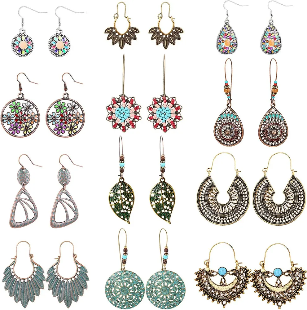 12Paars Vintage Dangle Ohrringe Bohemian Ohrringe Set für Frauen Silber Drop Ohrringe Ethnischer Stil