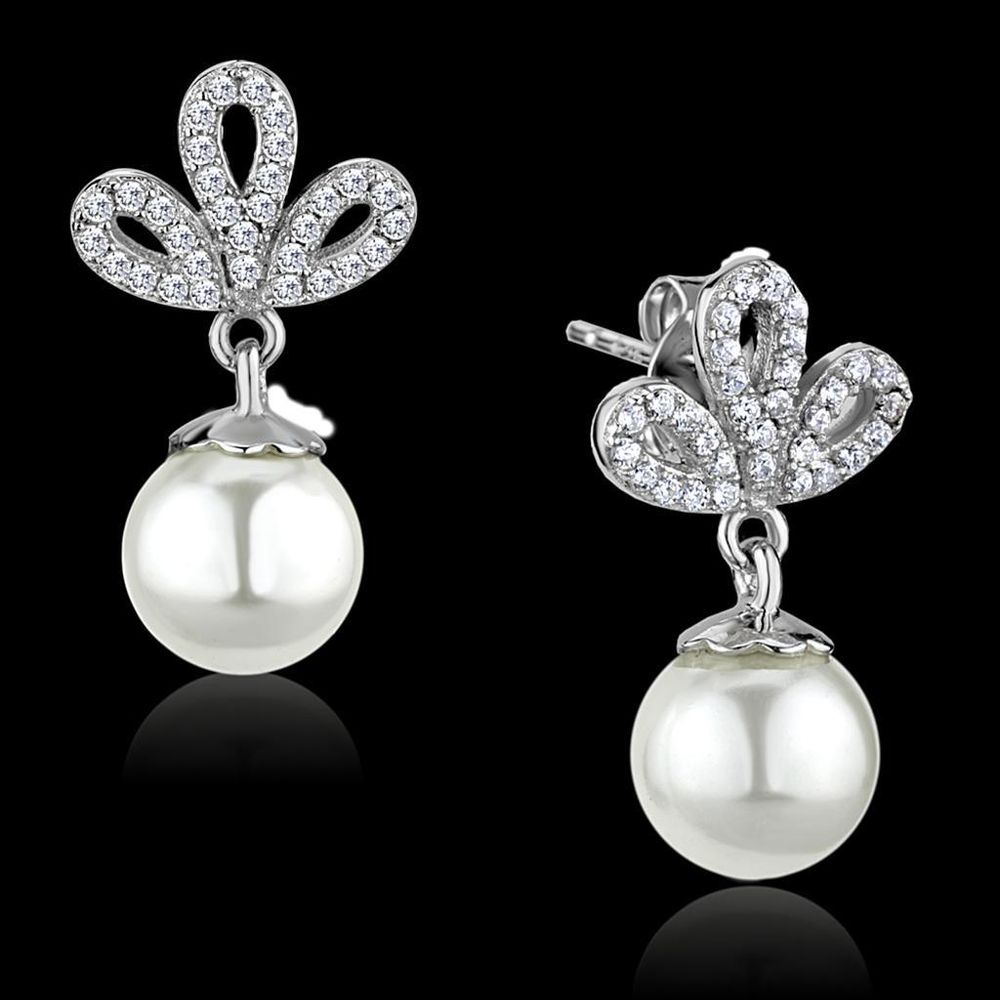TS299 - Rhodium 925 Sterling Silber Ohrringe mit synthetischer Perle in Weiß