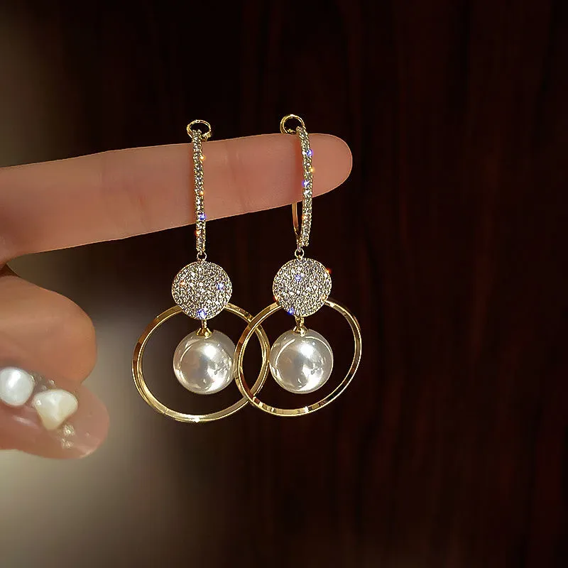 S925 Silber Mode koreanischer übergroßer weißer Perl Drop Ohrringe für Frauen Bohemian Golden Round Zircon Hochzeit Ohrringe Schmuck