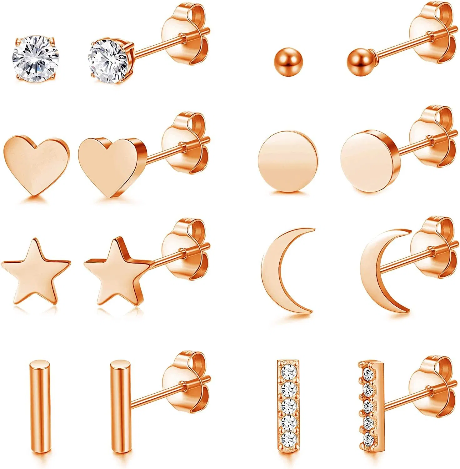 8 Paare Stud Ohrringe für Frauen Männer süße Star Moon Heart Bar Ohrringe Dainty CZ Tiny Stud Ohrringe Edelstahl Ohrringe Set