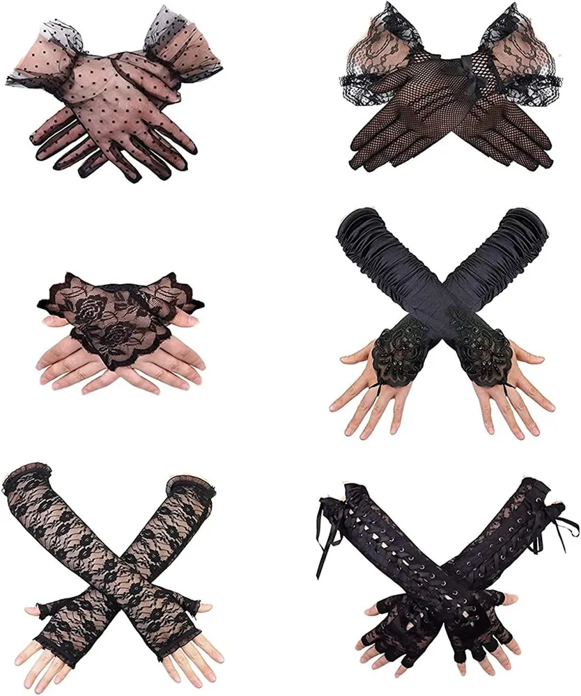 6 Paare Spitze Handschuhe Fingerless Handschuhe lange für Frauen Elegante kurze Handschuhe Brauthandschuhe für Hochzeitsessen Partys Cosplay 1920er Handschuhe für Damen und Egirls