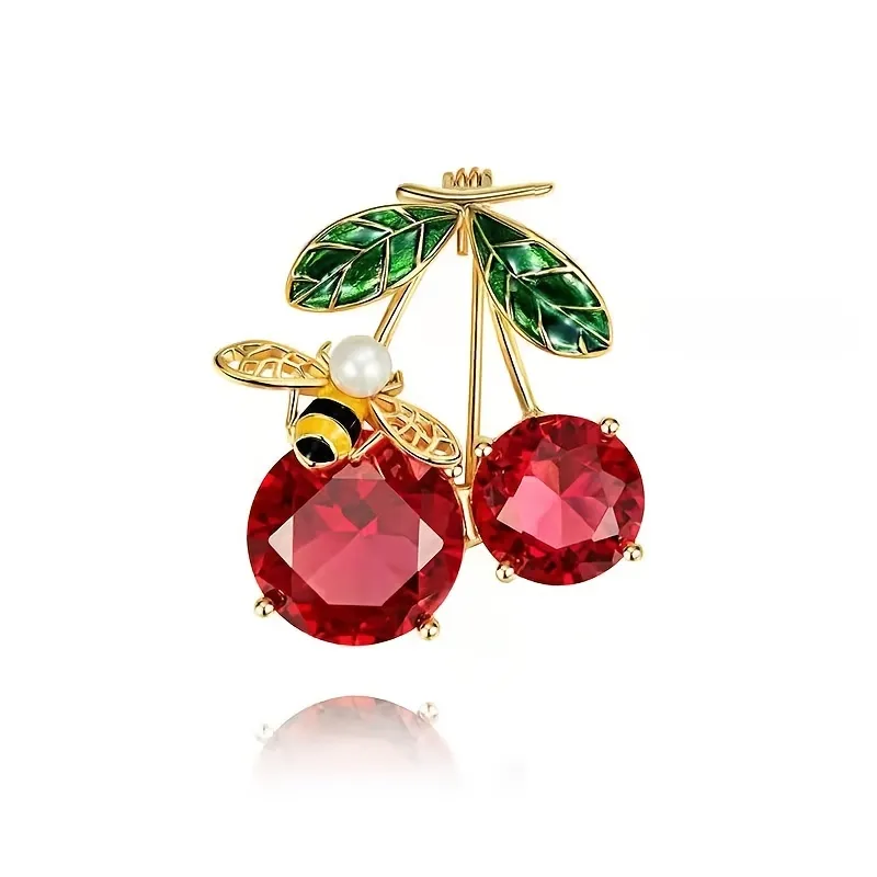 Süße Biene Kirsch Rhinestone Brosche Pin Für Frauen Mädchen Mode Gold Tone Shell Faux Perl Rot Emailliert Tierfrucht Broschen Lapel Pins Dainty Kleid Accessoires Schmuck Für Hut Tasche Anzug Krawatte