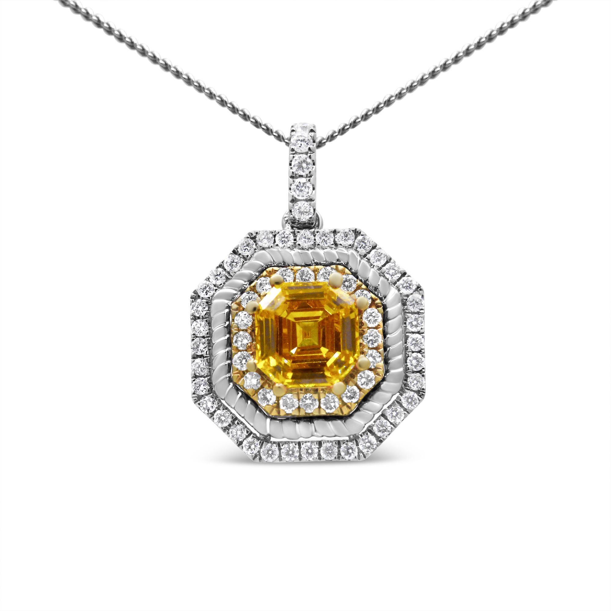18 Karat Weiß - und Gelbgold 2 1/4 Cttw Lab Grown Yellow Asscher Cut Diamond Art Deco Style Halo 18