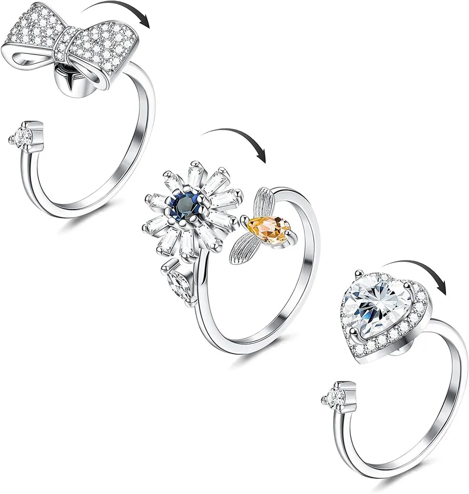 3Pcs Frauen Angst Ringe Fidget Spinner Ring Kubik Zirkonia Schmetterlingsblume Spinning Rotatable Sorgen Ringe für Stress Linderung verstellbare Größe 8