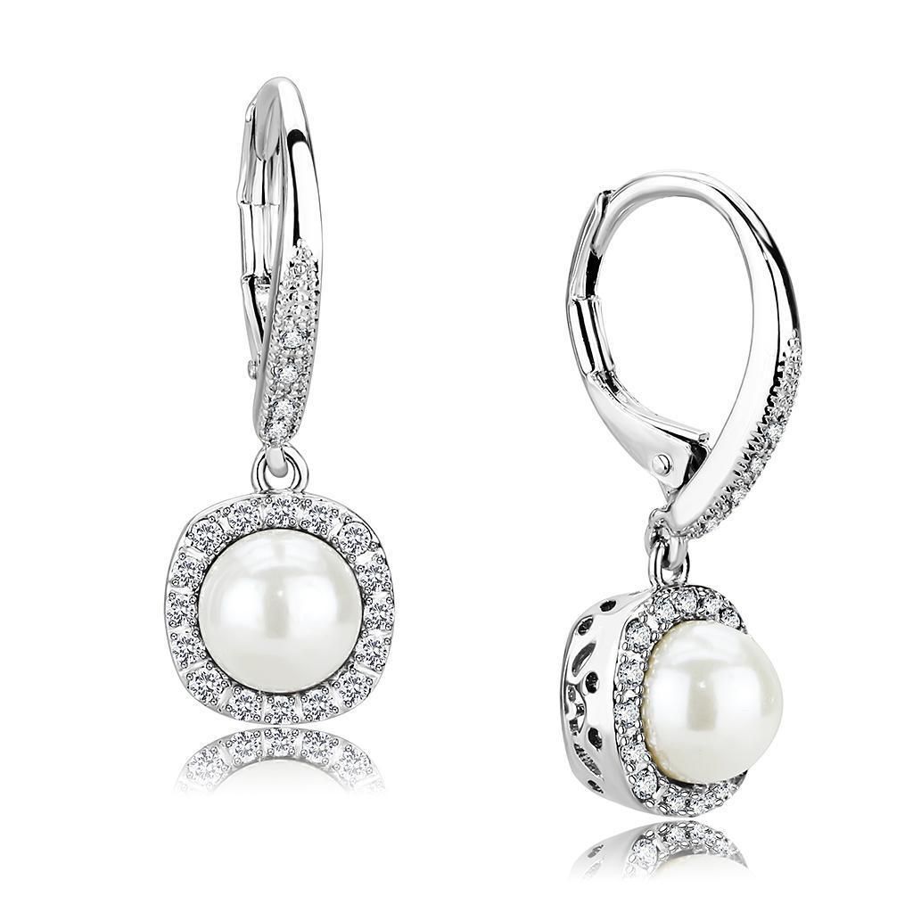 3W1479 - Rhodium-Messing - Ohrringe mit synthetischer Perle in Weiß