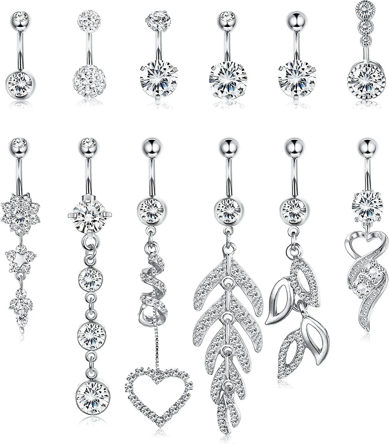 12 Stück Dangle Bauchknopf Ringe für Frauen 316L Chirurgisch Clear CZ Barbell Piercing Dangle Umgekehrter Kurven Nabel Barbell Körper 14G