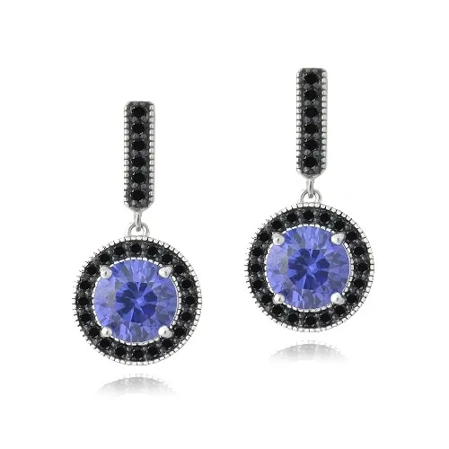 Sterling Silber 3ct simulierte Tanzanit & Schwarz Spinel Round Dangle Ohrringe