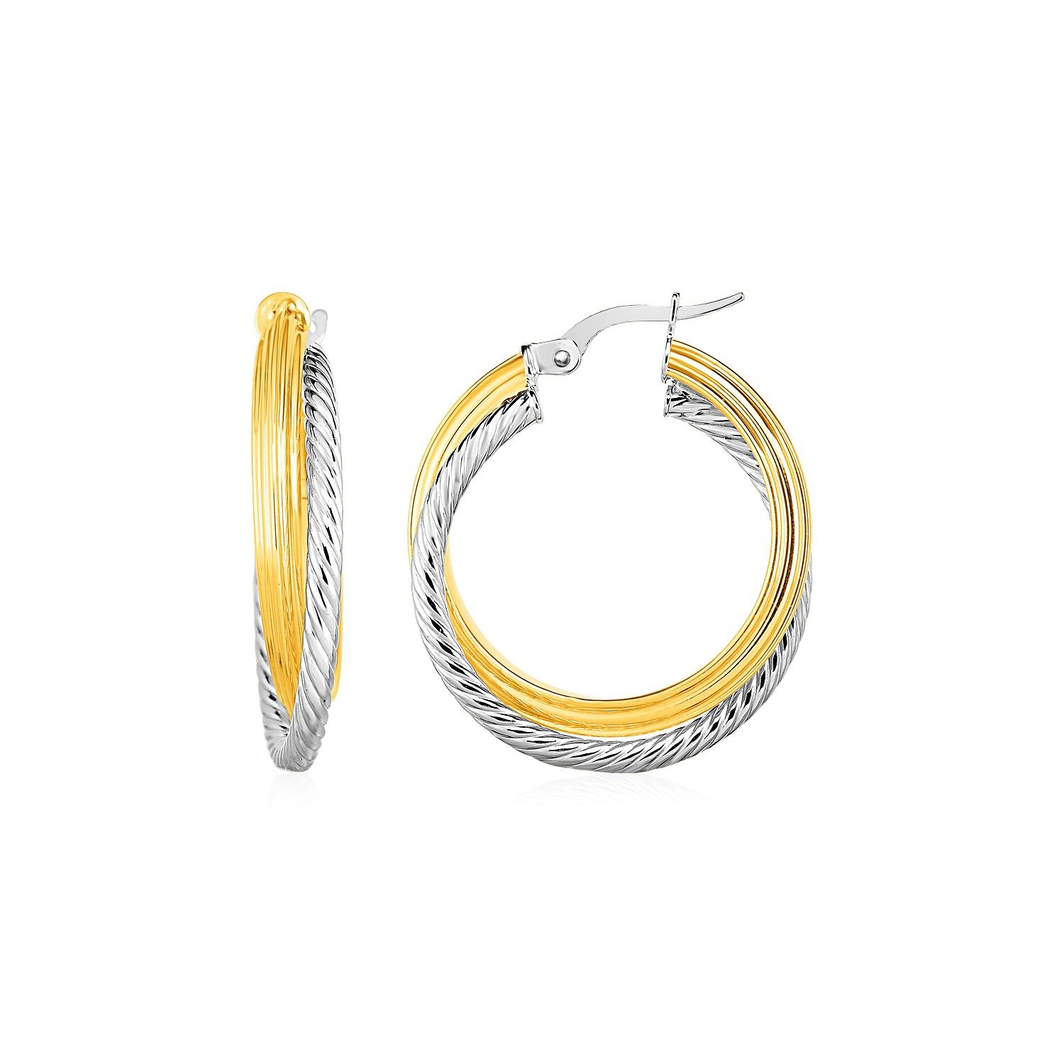 Zwei-Teil Textur und glänzende Hoop-Ohrringe in 14 Karat Gelb und Weiß Gold (4x20mm)