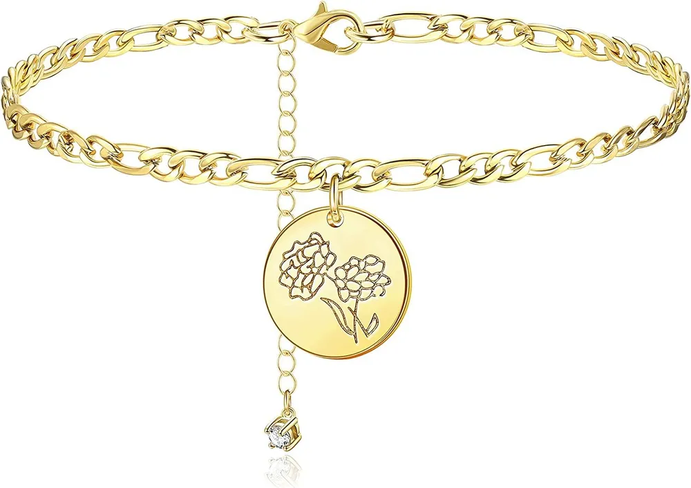 Geburtsmonat Blumen Ankleber Armbänder für Frauen Figaro Kette Knöchel 14K Gold beschichtet Dainty Geburtsmonat Blumen Disc CZ Verstellbares Ankleber Frauen Sommer Strand Fuß Muttertag mit Geschenk