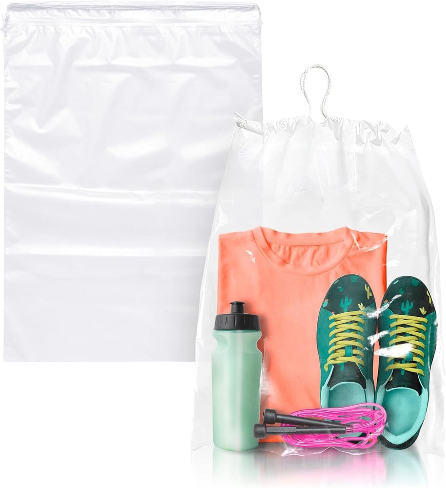 Clear Drawstring Travel Bags für Schuhe, 12 x 16 Zoll. Packung von 100 wasserdichten Staubbeutel für Schuhe mit doppelten Baumwollziehern. 2 mil PE Plastik-Zeißring - Taschen für Verpackung, Lagerung